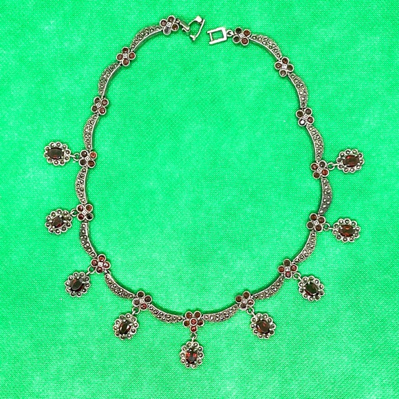 Vintage Sterling Garnet Marcasite Necklace